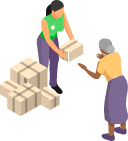 Ilustración de mujer joven dando caja con donativo a persona adulta mayor