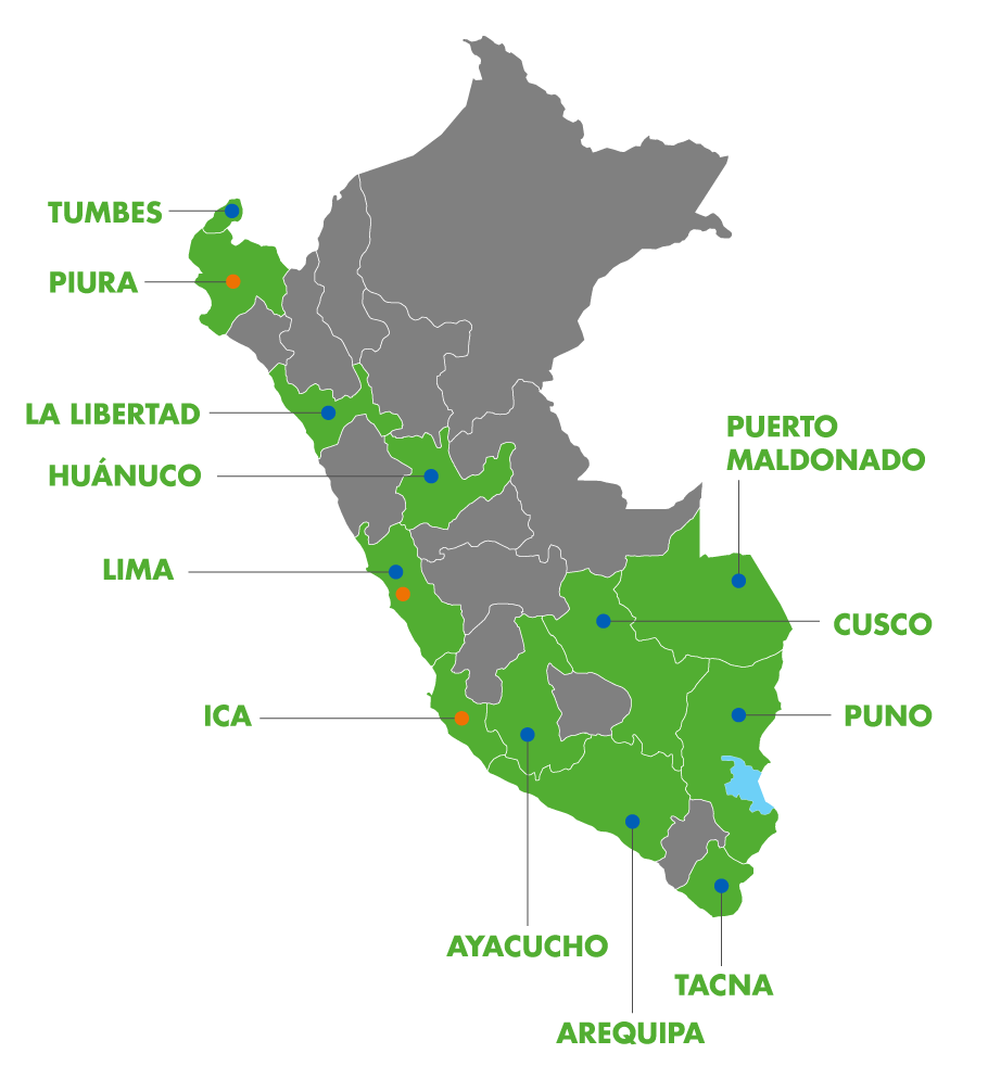 Mapa de Perú indicando las regiones de intervención